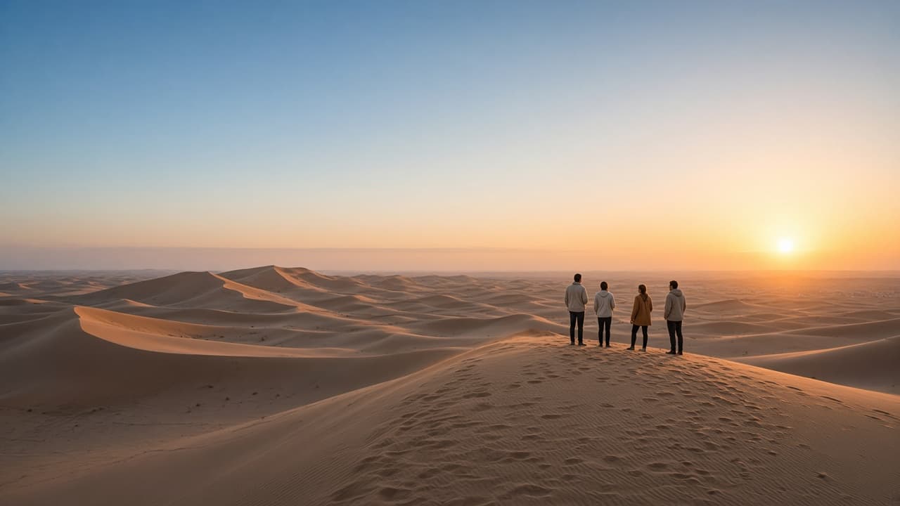 Travellers on a dune ridge outside Dubai