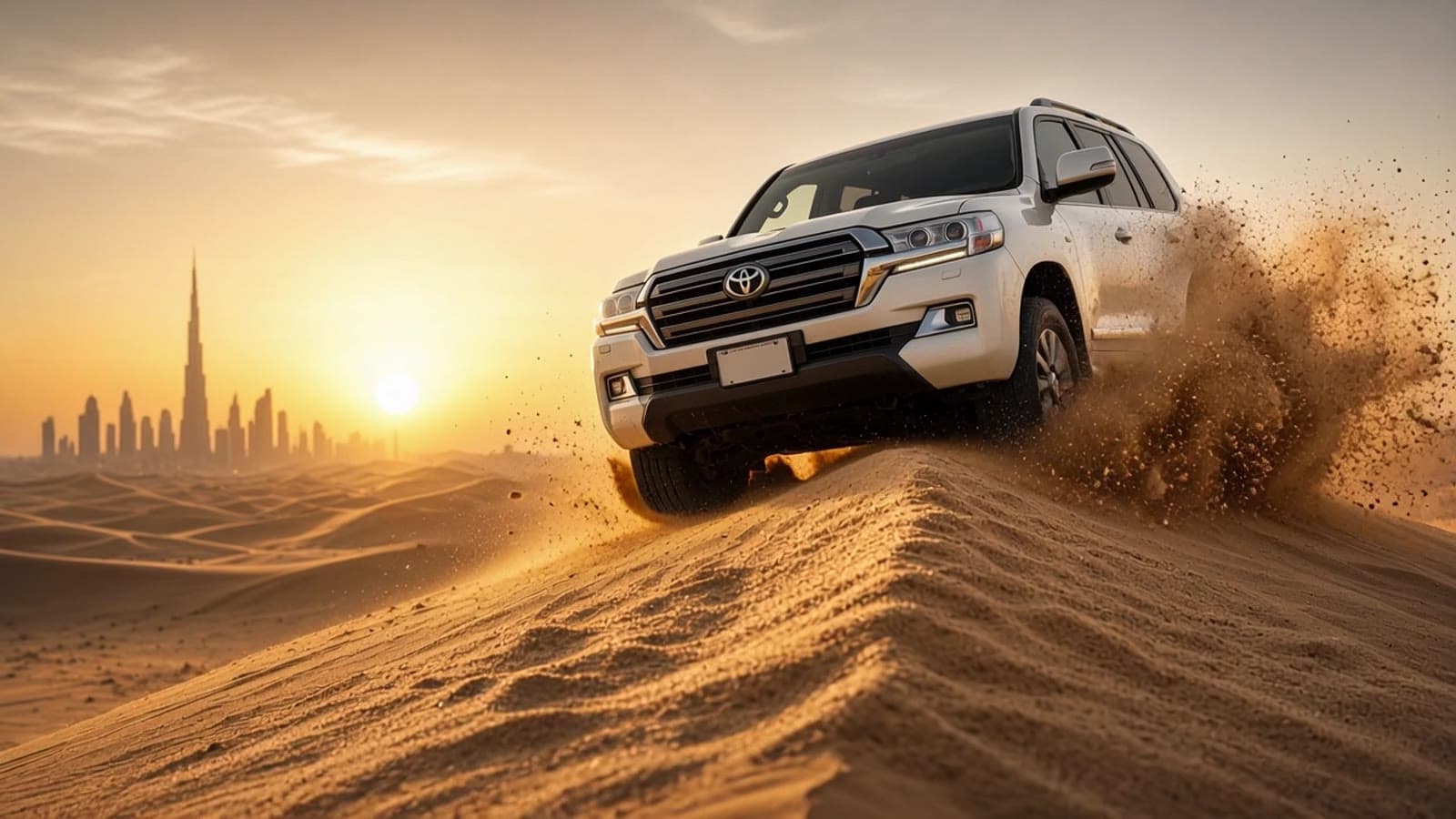 A white 4x4 cresting a golden dune with the Dubai skyline in the distance