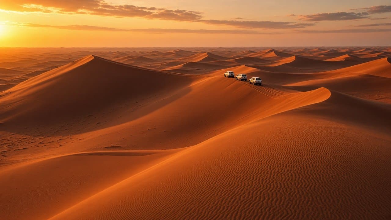 Golden sand dunes outside Dubai at sunset with a convoy of 4x4 safari vehicles on a ridge