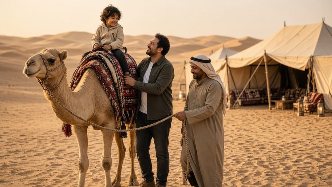 A family on a camel ride at a desert camp